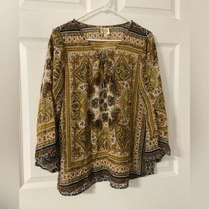 T36- FIG & FLOWER Paisley-Floral Bell Sleeve Blouse